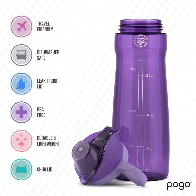 Pogo BPA-Free Plastic Water Bottle with Chug Lid, Purple, 32