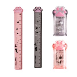 Coollooda Ruler, 5.9 inches (15 cm), Cat Paw Pencil Sharpener, Set of 4, Cute, Plastic, Students, Stationery, Office, Surveying Supplies, Cat Paw Pencil Sharpener, Manual, Mini, Portable, Cute School
