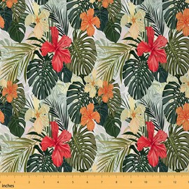 Hibiscus Flower Palm Tree Upholstery Fabric by The Yard - Hawaiian Tropical Decorative, Island Botanical Indoor/Outdoor, Waterproof, Green & Red, 2 Yards