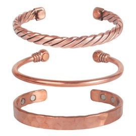 INDTRESOR Copper Magnetic Bracelet Tibetan Style. Hand Forged with Solid and high Gauge Pure Copper. Set of 3 Different Designs in Hammered Braided Pipe Style.