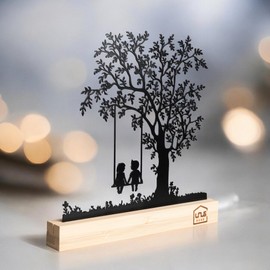 UNUS Decorative Tree Stand, Children on the Swing, Black Metal Stand with Bamboo Base, Decoration for Windowsill, Dining Table, Living Room, Spring Decoration