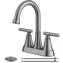 Bathroom Faucets for Sink 3 Hole, Hurran 4 inch Brushed Grey Bathroom Sink Faucet with Pop-up Drain and Supply Hoses, Stainless Steel Lead-Free Centerset Touch On Faucets for Bathroom Sink Vanity RV