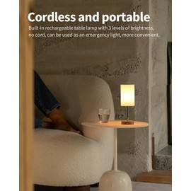 KDG Simple Cordless Table lamp, Portable Bedside 5000mAh LED Desk Lamp, 3 Brightness Levels Emergency Light, Linen Lampshade for Living Room, Bedroom, Dining Room, Night Light (Silver)