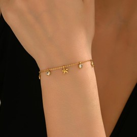 RATVIU Flower Bracelet for Women 18K Gold Plated Flower Charm Bracelets Cute Diamond CZ Charm Bracelet Dainty Everyday Summer Beach Jewelry