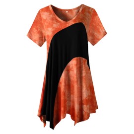 LARACE Tie Dye Shirt Womens Summer Clothes Asymmetrical Plus Size Tops Color Block Tunic to Wear with Leggings(B-Orange/Black 4X)