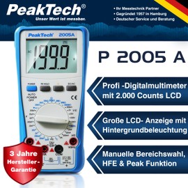 PeakTech P 2005 A - Digital Multimeter with LCD Display - Ammeter with 2000 Counts - Professional Meter for Electricians with Auto-Hold Function - CAT III 1000V - Blue