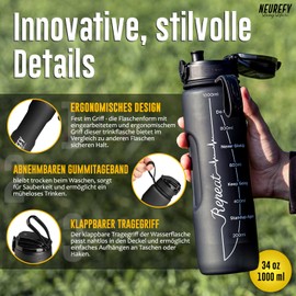 NEUREFY Drinking Bottle 1 Litre Tritan Matt Black - Leak-Proof, Grip-Resistant, BPA-Free - Sports Bottle with Indicator of Drinking Quantity & Strainer - Gym Bottle, Water Bottle, Outdoor, Office,