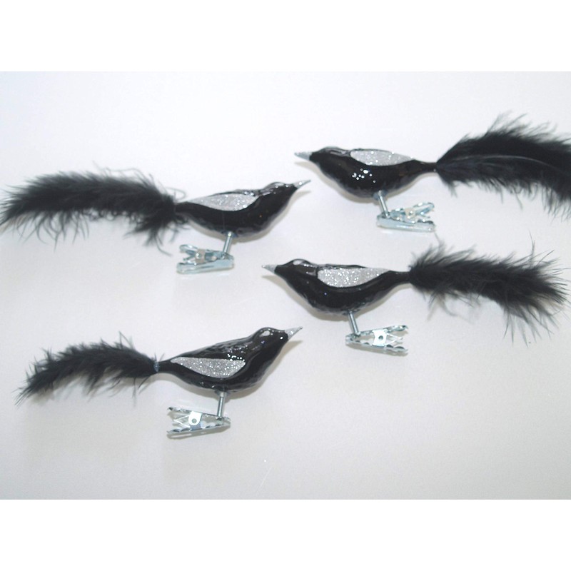Jingle Bells Lauscha Glass Bird Shiny Black with Feathers