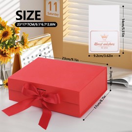 Hianjoo Black Gift Box with Lid 23 x 17 x 7 cm, Magnetic Gift Boxes with Bow, Foldable Gift Box for Christmas, Wedding, Birthday, Anniversary, Valentine's Day, Gift Wrapping - Red