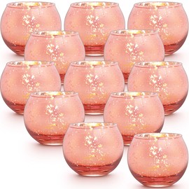 12 Pcs Rose Gold Candle Holders for Birthday Party Decorations- Mercury Glass Votives Tea Lights Holders for Wedding/Bridal Shower/Mother's Day Table Centerpieces, Rose Gold Party Supplies for Women
