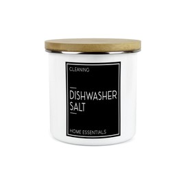 Inverted Minimalist Dishwasher Salts Storage Canister - Natural Black & White Modern Décor - Refillable Enamel 1.2L Home & Kitchen Storage Container