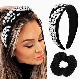 Coridy Wide Black Headbands for Women Crystal Pearl Rhinestone Hairbands Baroque Headpiece Non Slip Square Headbands Head Bands for Women's Hair (Leaf)