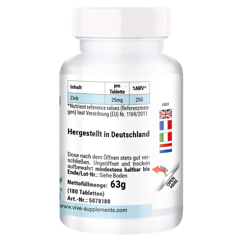 Zinc Tablets, 25 mg Made of Zinc Citrate, 180 Tablets,