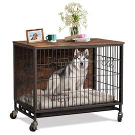 Small Dog Crate Furniture, 27.2"L x 20.1"W x 23.6"H，Indoor Pet Crate with Double Doors, Removable Tray and 360° Wheels, Wooden Countertop Dog Kennel, Brown&Black