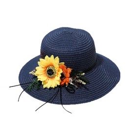 Women's Wide Brim Sun Protection Straw Hat,Summer UV Protection Beach Cap and Sunflower Headpiece.(LDZ55) (Navy Blue)
