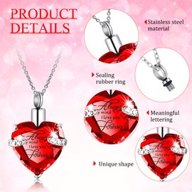 Huquary 16 Pcs Urn Necklace for Ashes Waterproof Stainless Steel Carved Ashes Locket with 8 Filling Kit Heart Cylinder Cross Cubic Fish Hook Jewelry for Ashes with Wing Diamond for Men Women (Red)
