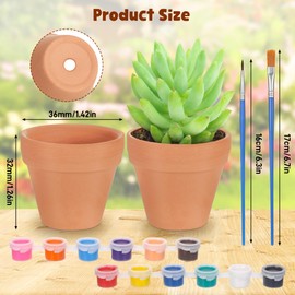 Hejo Pack of 24 Clay Pots Small, 3 x 3.5 cm Mini Flower Pots, Clay Pots for Painting with 2 Brushes and 12 Colours, You Can DIY Small Clay Pots, Terracotta Flower Pot for Indoor and Outdoor Decoration