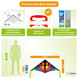 Funtivity® Single Line Kite for Children - Delta Black Rainbow - Flight Kite Set Including 17kp Line & Handle - Children's Kite from 5 Years - Flies in Low Wind - Robust - Outdoor Toy