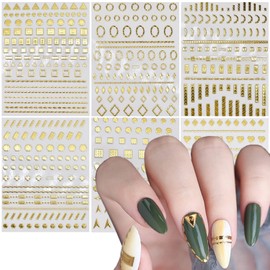 Geometry Nail Art Stickers, Holographic 5D Gold Nail Self-Adhesive Sticker Design, Bronzing Line Square Rhombus Circle Heart Nail Transfer Decals for Women Girls Manicure Glitter Art Decorations