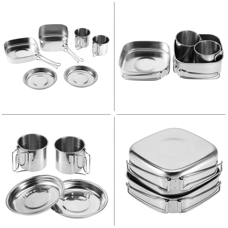 6Pcs Portable Stainless Steel Cookware Set Camping Picnic Outdoor Pan