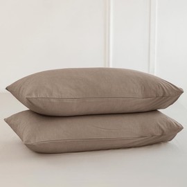 MooMee Bedding Pillowcases Pack of 2 100% Washed Cotton Linen Like Textured Breathable Durable Soft Comfy (Brown, Standard)