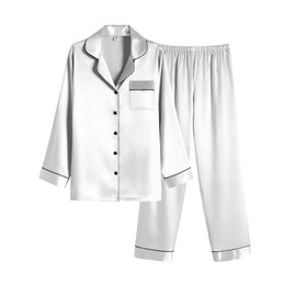 Ekouaer Women Satin Pajamas Set Classic Button Down Long Silk Pjs Set,Medium,White