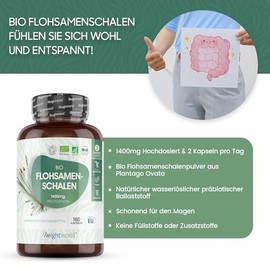 WeightWorld Bio Flohsamenschalen 1400mg gemahlen - 180 Präbiotika Kapseln - Indische Flohsamen - Probiotika für 3 Monate - Ballaststoffe - Psyllium Husk - Fiber Supplement - Flohsamenschalenpulver - WeightWorld