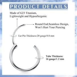 Thunaraz G23 Titanium Hoop Earrings for Women Men Girls Hypoallergenic Hinged Huggie Hoop Earrings Cartilage Helix Sleeper Lightweight Small Hoop Earring Silver 10MM