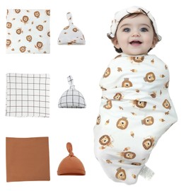 Baby Newborn Swaddle and Hat Set 3 Pack 100% Cotton Knitted Muslin Baby Blankets 35" x 35" Baby Receiving Blankets Stroller Soft Unisex Newborn Swaddle Wrap for Girls and Boys (Dark Brown+Lion+Grid)