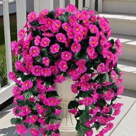 Ouddy Decor 3 Pcs Artificial Hanging Flowers for Outdoors, Fake Silk Hanging Plants Faux Morning Glory UV Resistant for Outdoor Indoor Garden Planter Porch Patio Yard Balcony Home Decor, Fuchsia