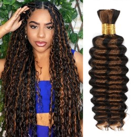 1B/30 Highlight Bronze Human Braiding Hair Deep Wave Bulk，Black and Gold No Weft Curly Braiding Hair Extensions for Boho Braids Wet and Wavy Braiding Human Hair Bundles(16inch,1B/30,100g)