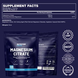 Nutrition Freak Magnesium Citrate - 500 mg Elemental Magnesium | High Absorption Formula for Energy, Muscle & Nervous System Support | 120 Vegan Capsules (60 Servings) | UK-Made Premium Supplement