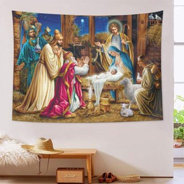 FLYVET Christian Tapestry Jesus Birth Manger Barn Wall Hanging Angel Easter Wall Art Decor Christ Tapestries Nativity Scene Decoration for Church Bedroom Living Room Dorm Home 60 x 80 Inch