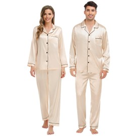 SWOMOG Mens Matching Pyjamas Set Silk Satin Button Down Sleepwear Long Sleeve Nightwear 2 Pcs Pj Set Men Champagne XX-Large