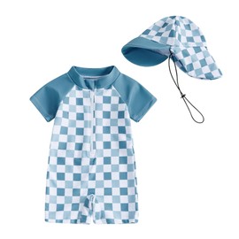 mlpeerw Baby Boy Girl Swimsuit One Piece Short Sleeve Rash Guard Zipper Swimwear Toddler Bathing Suit Infant Beach Outfits (Checkerboard-Blue, 3-6 Months)