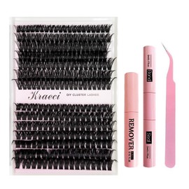 Kraeci Lash Extension Kit DIY with Adhesive Remover for Safe Removal, 280 Clusters 10-18mm, 80D/100D Volumes, Bond Glue, Sealant, Tweezers, Home Use Eyelash Starter Kit
