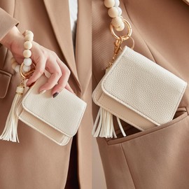 Keychain Wallet RFID for Women Key Chain Wristlet Bracelet With Wallet Silicone Stretchy Wrist Strap With Id Window Purse (Off white)