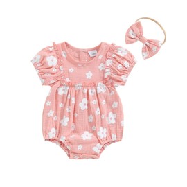 Baby Girl Rompers Daisy Short Sleeve Infant Bodysuit Summer Newborn Girl Linen Cotton Jumpsuit Clothes Headband (Flower&Pink, 6-12 Months)