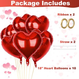 10Pcs Red Heart Balloons Foil Heart Balloons for Valentines Day, 18 Inch Red Love Heart Shape Balloons, Heart Balloons Helium for Engagement Wedding Anniversary Baby Shower Birthday Party Decorations