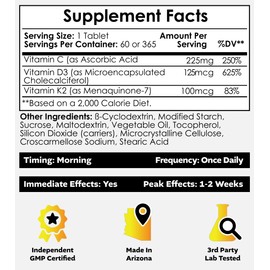Nootropics Depot Vitamin D3 + K2 with Vitamin C Tablets | 365 Count | 125μg | Equivalent to 5000 IU | Year Supply