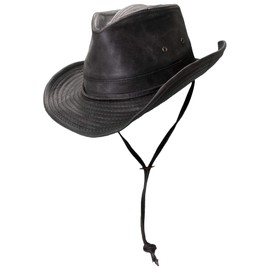Dorfman Hat Co. Weathered Outback Hat with Chin Cord (Medium, Black)
