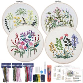 4 Set Embroidery Starter Kit for Beginners, Needlepoint Cross Stitch Kits with Pre-Stamped Flower, Instructions, Embroidery Hoops, Color Threads, Tools, DIY Arts & Crafts Birthday Gifts for Adult
