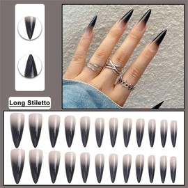 BAOYAALIN Stiletto Press on Nails Black Ombre Fake Nails Long Almond with Design Acrylic Glue on Nails for Women Girls Full Cover Artificial False Stick on Nail for Daily Wear Wedding Manicure 24Pcs