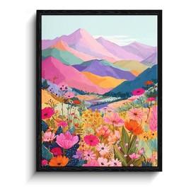 Framed Canvas Wall Art for Living room Bedroom - Colorful Abstract Mountain Landscape Wall Decor with Wildflowers - 12x16 Inch Modern Nature Artwork Print