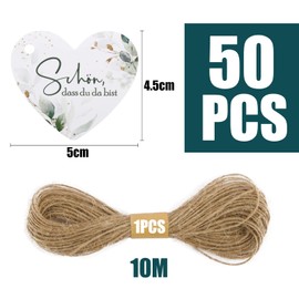 Pack of 50 Gift Tags Wedding Schön dass du da bist Labels Heart Pendant Eucalyptus Tags Party Favours Decoration Party Gifts for Crafts with 10 m Jute String (50)