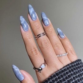 MERVF Medium Press on Nails Almond Fake Nails Press ons Blue Glue on Nails with Marble Design Stiletto Acrylic False Nails Glossy 24pcs