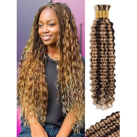 KULYMUWIG Ombre Human Braiding Hair 18 Inch 100 g 4 Bundles Deep Wave Bulk Human Hair for Boho Braiding 10A P4/27 Highlight Wet and Wavy Honey Blonde Curly Human Hair Extensions