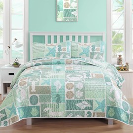 DJY 2 Pieces Quilt Set Twin Coastal Green Theme Quilt Coverlet Set Beach Reversible Bedspread with 1 Pillow Shams Soft Microfiber Coastal Bedding Quilt Set for All Season 68"x86"