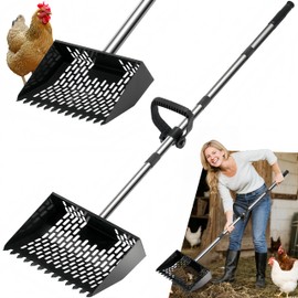 Blue chicken poop scooper litter scooper ，304 Stainless Steel Handle and Hand Rake, Suitable for Chicken Coop Pet Livestock Farm Feces Cleaning, Feces Sieve Shovel Spoon, with 35-inch-62-inch