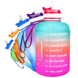 QuiFit 2.2 Litre Motivational Water Bottle - with Straw & Time Marker,Wide Mouth,BPA Free,Reusable,Ideal for Gym,Outdoor Sport,Home & Office (Green/Pink Gradient, 2.2 Liter)